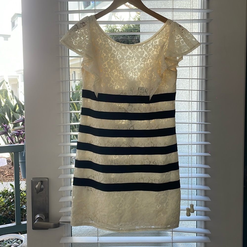 White/cream lace w/ black stripes dress from BCBG MAXAZRIA. Since 04, like new.